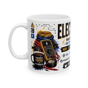 Elektrikerkaffemugg: Drivs av kaffe och beslutsamhet, elektriska symboler, verktyg