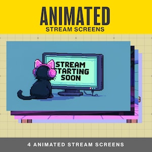 Puede incluir: Un gráfico de arte pixelado que muestra un gato negro con auriculares rosas, sentado frente a un monitor de computadora que muestra el texto STREAM STARTING SOON. El diseño se presenta sobre un fondo azul claro con una cuadrícula.