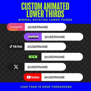 May include: A digital graphic display featuring CUSTOM ANIMATED LOWER THIRDS and MINIMAL ROTATING LOWER THIRDS text. It showcases six horizontal bars with social media logos for Instagram, Twitch, TikTok, Kick, X, and YouTube, each with @USERNAME.