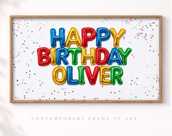 Wszystkiego najlepszego z okazji urodzin Oliver Frame TV Art | Tło urodzinowe dla dzieci | Kolorowy balonowy ekran urodzinowy | Dekoracja urodzinowa telewizora Samsung Frame