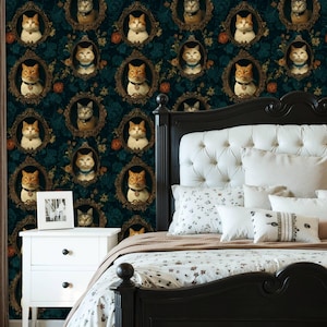 Victorian Cat Portrait Peel and Stick Wallpaper Dark Academia Wall Decor Royal Floral Removable Wall Paper Gothic Mural