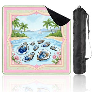 Oyster Mahjong Game Mat with Carrying Bag Coastal Table Cover Blue Preppy Mahjong Game Accessory Square Shape
