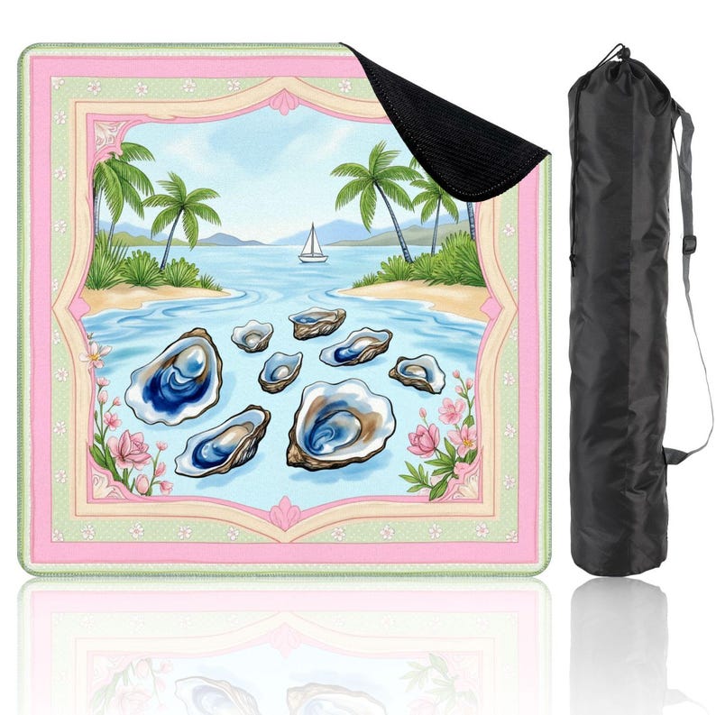 Oyster Mahjong Game Mat with Carrying Bag Coastal Table Cover Blue Preppy Mahjong Game Accessory Square Shape