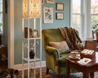 Cottagecore Leopard Floor Lamp with Shelves, Botanical Standing Lamp, Vintage Aesthetic Living Room Decor, Cozy Retro Game Night Light