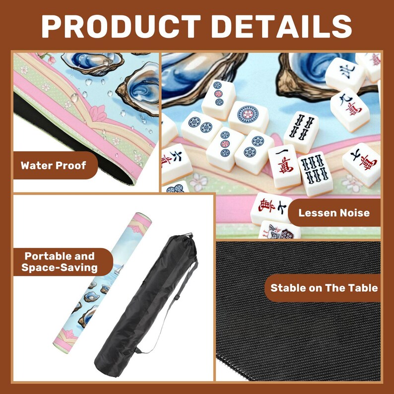 May include: A detailed image showcasing a Mahjong set. The set includes a water-proof mat with a pastel design, white tiles with Chinese characters, and a black carrying case. The text highlights features like "Portable and Space-Saving" and "Stable on The Table."