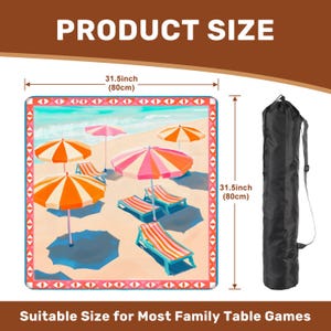 May include: A beach-themed game mat, 31.5 inches (80cm) square, featuring beach umbrellas and lounge chairs. The mat has a decorative border and comes with a black carrying bag. Text on the image reads "PRODUCT SIZE" and "Suitable Size for Most Family Table Games."