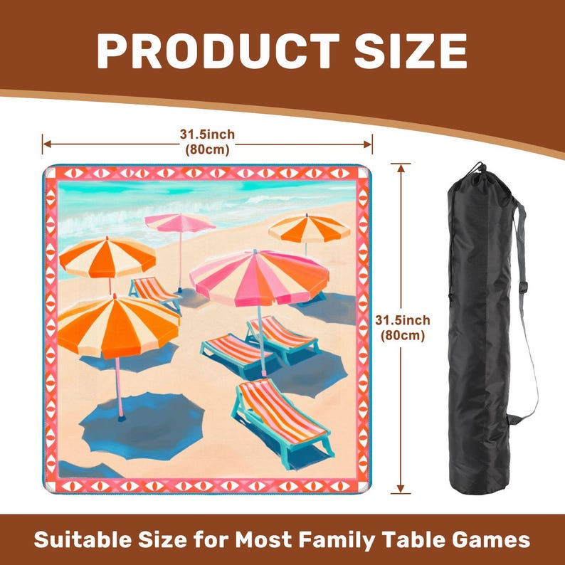 May include: A beach-themed game mat, 31.5 inches (80cm) square, featuring beach umbrellas and lounge chairs. The mat has a decorative border and comes with a black carrying bag. Text on the image reads "PRODUCT SIZE" and "Suitable Size for Most Family Table Games."