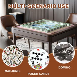 May include: A brown wooden game table with a pink border, holding a Mahjong set. The image also shows poker cards and dominoes, with the text "MULTI-SCENARIO USE", "MAHJONG", "POKER CARDS", and "DOMINO".