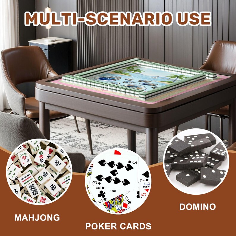 May include: A brown wooden game table with a pink border, holding a Mahjong set. The image also shows poker cards and dominoes, with the text "MULTI-SCENARIO USE", "MAHJONG", "POKER CARDS", and "DOMINO".