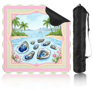 Oyster Mahjong Game Mat with Carrying Bag Coastal Table Cover Blue Preppy Mahjong Game Accessory Scalloped Shape