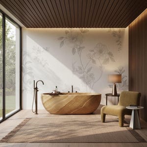 Puede incluir: Una bañera ovalada independiente con acabado de veta de madera natural, combinada con un grifo de suelo en bronce oscuro. La habitación cuenta con una alfombra beige, una silla tapizada en amarillo mostaza, una mesa auxiliar con lámpara y arte floral.