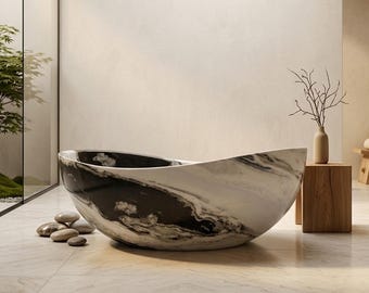 Steinbadewanne | Asymmetrischer fließender Rand | 60cm hoch | Panda Weiss