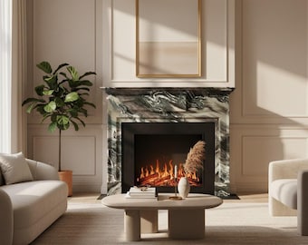 Marmorkamin | Elegant, dramatisk, ådrad | 113 cm hög | Italiensk Cipollino Ondulato
