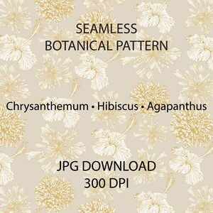 Nahtlose botanische Musterfliese | Chinoiserie Blumenrapport | Chrysantheme Hibiskus Agapanthus | Tapeten & Stoff-Design | JPG Herunterladen