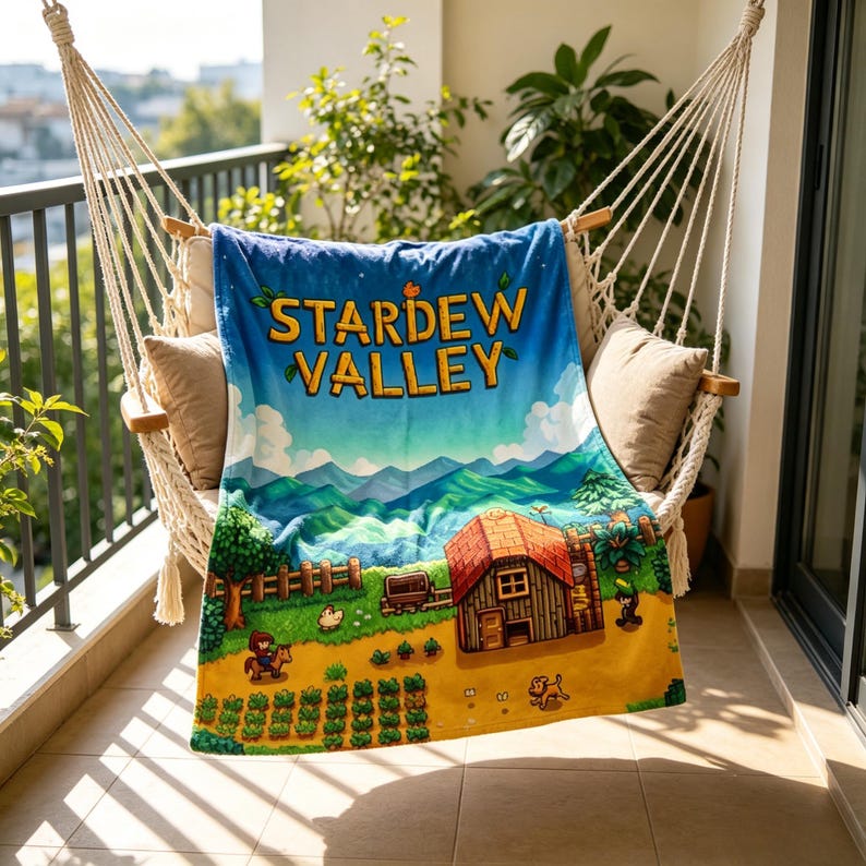 Pu&ograve; includere: Una coperta blu con la scritta "STARDEW VALLEY" in giallo. La coperta presenta un paesaggio colorato con una casa, una fattoria e montagne. &Egrave; drappeggiata su un'amaca.