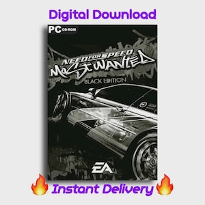Op de afbeelding: Zwart-wit PC-ROM game cover voor "Need for Speed: Most Wanted - Black Edition". De cover toont een auto en graffiti-kunst. De tekst "Digitale download" en "Directe levering" worden weergegeven.