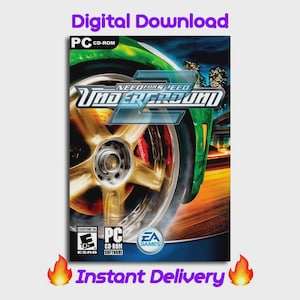 以下が含まれることがあります： Need for Speed Underground 2のPC CD-ROMゲームボックス。カバーには、赤いBremboブレーキキャリパー、緑色の車、ゲームのロゴが付いた車のホイールのクローズアップが描かれています。「Digital Download」と「Instant Delivery」の文字も表示されています。