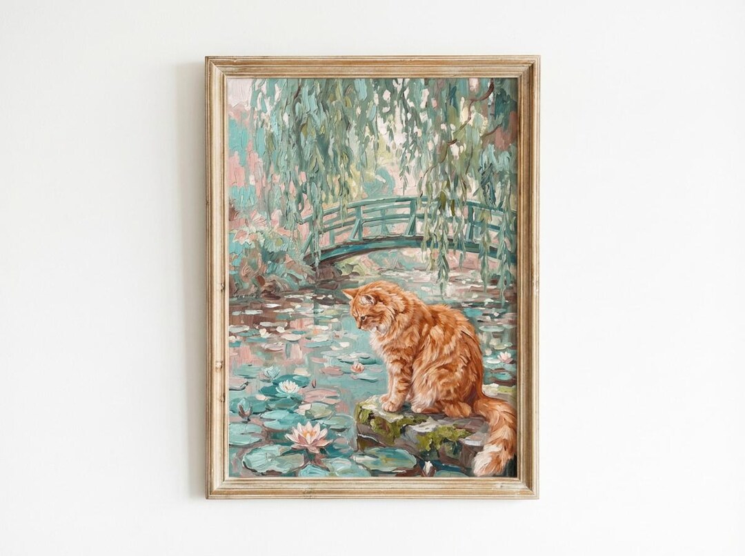 Monet Style Ginger Tabby Cat Print, Lily Pond, Cottagecore Wall Art ...