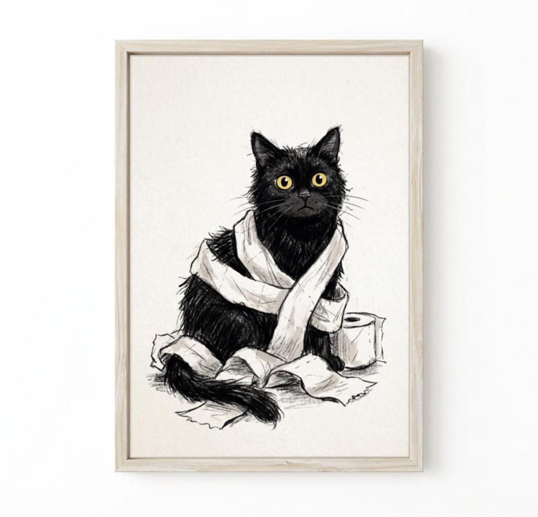 Funny Black Cat Toilet Paper Bathroom Print, Quirky Pet Art (digital ...