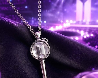 BTS Concert Lightstick-Inspired Necklace–Featuring Purple/White Cabochon Accents&Rhinestone Halo; K-Pop Style Accessory; 5 Styles Available