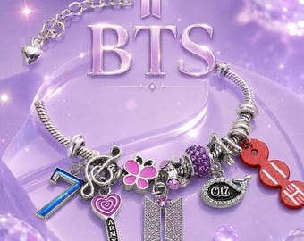 Pulsera con dijes BTS ARMY, cuentas moradas con apariencia de cristal, número 7, mariposa y dijes de ballena.