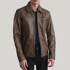Men's Brown Leather Jacket Minimalist Zip Up Cowhide Casual Slim Fit Handmade Jacket
