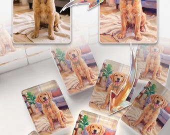 May include: A collage showing a photograph of a golden retriever sitting on a rug next to a painted version of the same image. Multiple rectangular acrylic blocks display the painted golden retriever portrait in a repeating pattern across the frame.