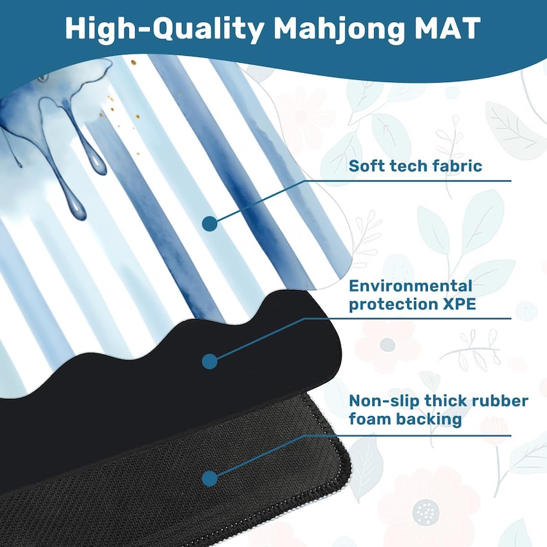 May include: A high-quality Mahjong mat with a blue and white watercolor design. The mat features soft tech fabric, environmental protection XPE, and a non-slip thick rubber foam backing. The text "High-Quality Mahjong MAT" is at the top.