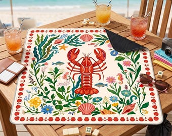 Mata do gry w mahjonga Preppy Lobster z torbą do przenoszenia, mata do gry w mahjonga Coastal 31,5", mata do gry planszowej w stylu marynistycznym Sea Life, Grandmillennial