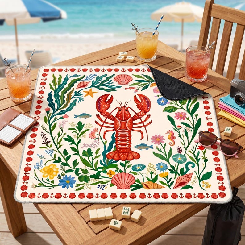 Puede incluir: Una esterilla de playa rectangular de color crema con un dise&ntilde;o de langosta roja en el centro, rodeada de elementos florales y n&aacute;uticos coloridos. El borde presenta anclas y conchas rojas. La esterilla est&aacute; sobre una mesa de madera.