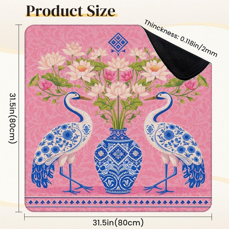 May include: Pink mousepad with a floral and bird design. The design features two white and blue cranes facing each other, a blue vase with flowers, and a pink floral background. The mousepad is 31.5 inches (80cm) square and 0.118 inches (2mm) thick.