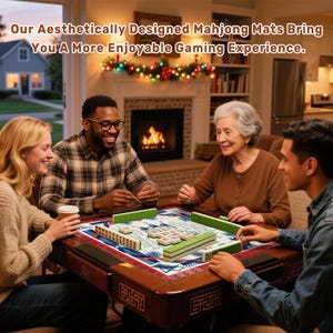 May include: A group of four people playing mahjong around a wooden table. The table has a decorative mat with a blue and red nautical design. The text at the top says, "Our Aesthetically Designed Mahjong Mats Bring You A More Enjoyable Gaming Experience."