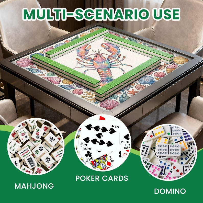 May include: A square mahjong table with green tiles and a seashell design. The table is surrounded by chairs. The image also shows mahjong tiles, poker cards, and dominoes. Text on the image reads "MULTI-SCENARIO USE", "MAHJONG", "POKER CARDS", and "DOMINO".