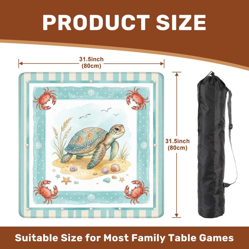 May include: Square table game mat with a sea turtle design. The mat is 80cm square and features a light blue border with crabs, seashells, and the text "Suitable Size for Most Family Table Games". Includes a black carrying bag.