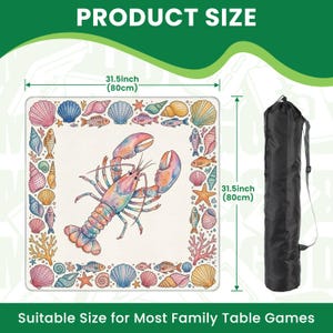 May include: A square table game mat featuring a watercolor lobster design, framed by seashells and marine creatures. The mat is 80cm on each side. Includes a black carry bag. Text reads: "PRODUCT SIZE" and "Suitable Size for Most Family Table Games."