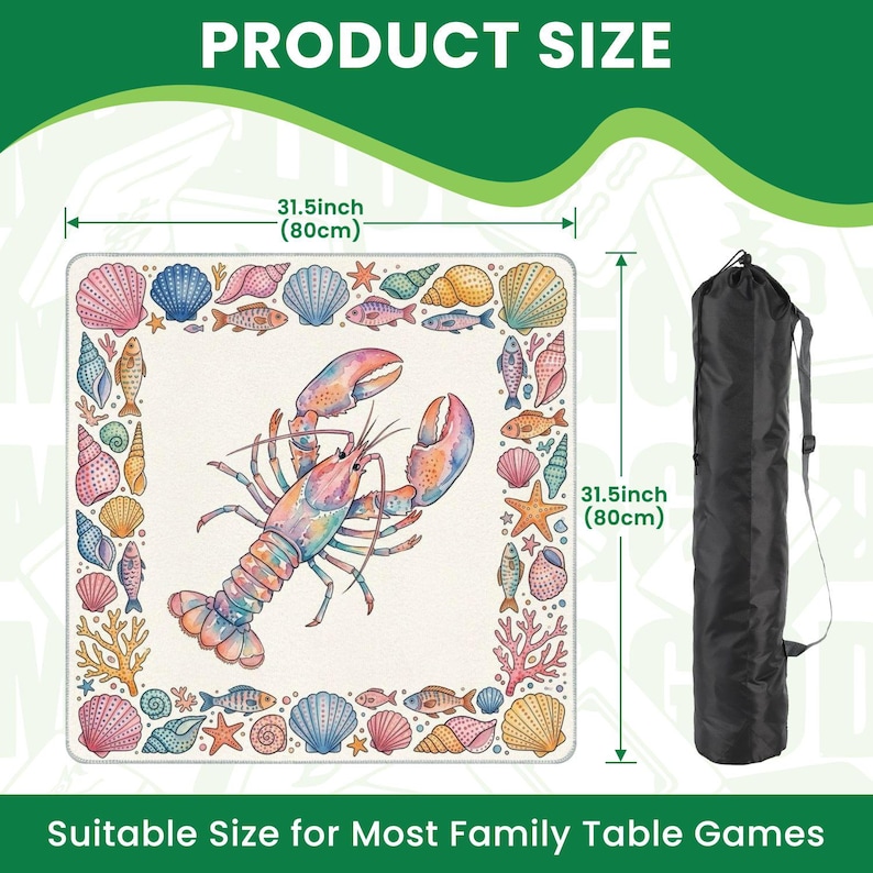 May include: A square table game mat featuring a watercolor lobster design, framed by seashells and marine creatures. The mat is 80cm on each side. Includes a black carry bag. Text reads: "PRODUCT SIZE" and "Suitable Size for Most Family Table Games."