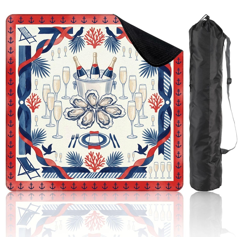 May include: A square picnic blanket with a nautical theme, featuring champagne bottles in an ice bucket, oysters, and champagne flutes. The design includes red, white, and blue accents, with a black carrying bag.