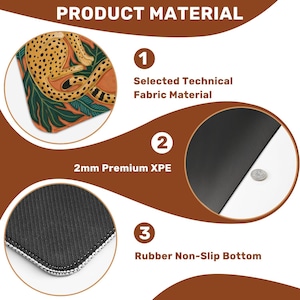 May include: Product material graphic. Features include a mousepad with a cheetah design, a 2mm premium XPE layer, and a rubber non-slip bottom. The text reads "Selected Technical Fabric Material" and "Rubber Non-Slip Bottom."