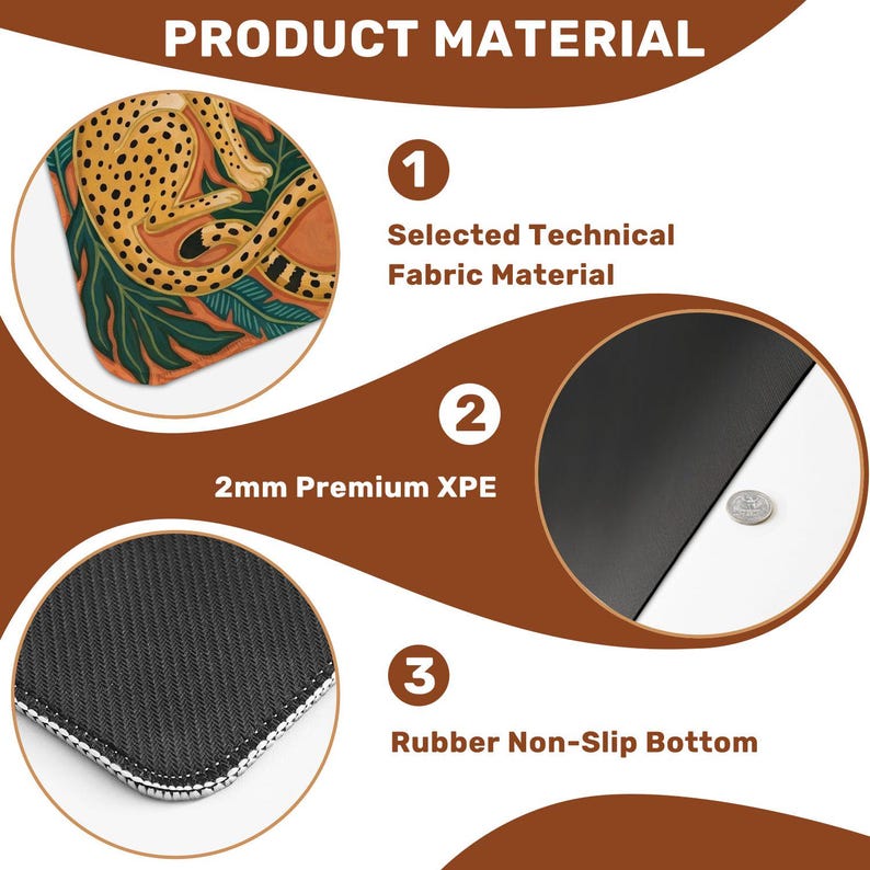 May include: Product material graphic. Features include a mousepad with a cheetah design, a 2mm premium XPE layer, and a rubber non-slip bottom. The text reads "Selected Technical Fabric Material" and "Rubber Non-Slip Bottom."