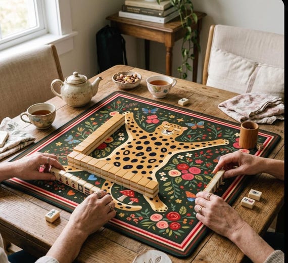 Leopard Mahjong Mat, 31.5" Square Non-Slip Board Game Mat, Aesthetic Floral Table Cover for Poker, Tiles & Board Games, Gift for Gamers