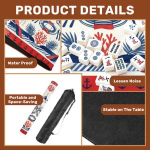 May include: A product details image showcasing a Mahjong set with a nautical theme. The set includes a water-proof mat with anchor and coral designs, Mahjong tiles, and a portable carrying case. The text highlights features like "Lessen Noise" and "Stable on The Table."