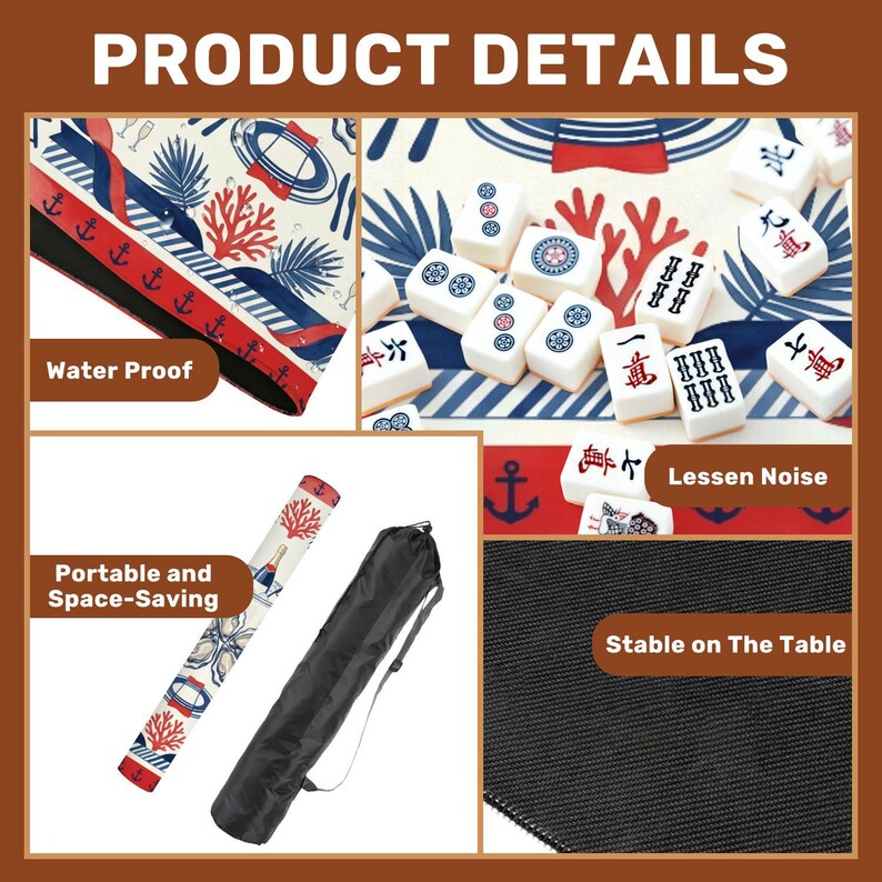 May include: A product details image showcasing a Mahjong set with a nautical theme. The set includes a water-proof mat with anchor and coral designs, Mahjong tiles, and a portable carrying case. The text highlights features like "Lessen Noise" and "Stable on The Table."