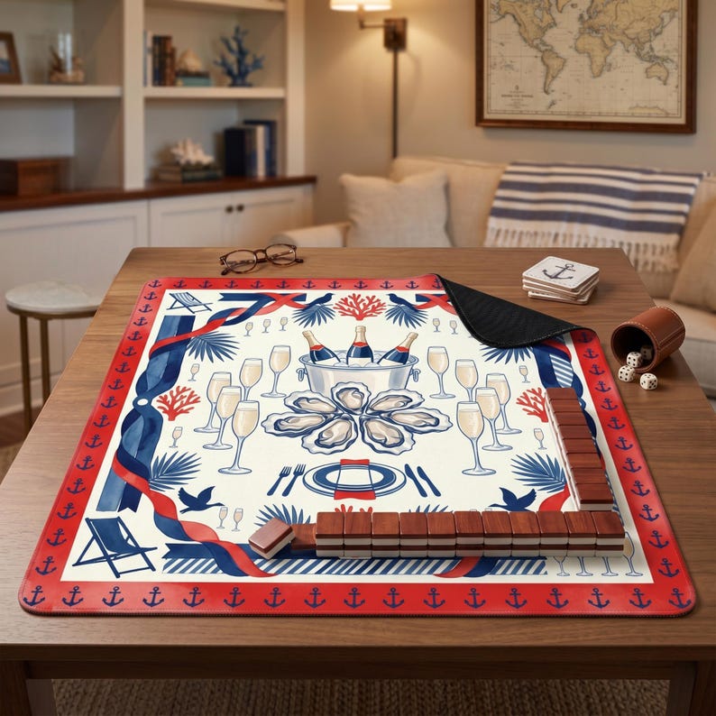 May include: A nautical-themed game mat with a red anchor border. The mat features illustrations of champagne bottles in an ice bucket, oysters, champagne glasses, and a blue and red ribbon design. A set of wooden game pieces is on the mat.