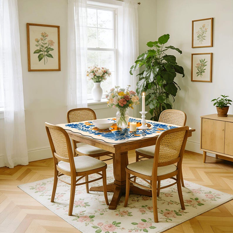 May include: A dining room scene featuring a wooden table set with a blue and orange patterned table runner. Four wooden chairs with woven backs surround the table. A floral rug, flowers, and framed botanical prints complete the decor.