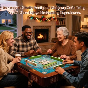 May include: A group of four people playing mahjong around a wooden table. The table has a blue and teal mat with a decorative design. The text at the top says, "Our Aesthetically Designed Mahjong Mats Bring You A More Enjoyable Gaming Experience."