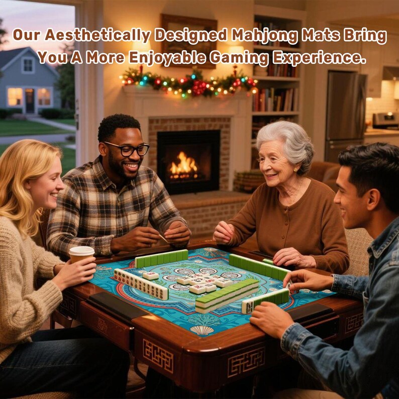 May include: A group of four people playing mahjong around a wooden table. The table has a blue and teal mat with a decorative design. The text at the top says, "Our Aesthetically Designed Mahjong Mats Bring You A More Enjoyable Gaming Experience."