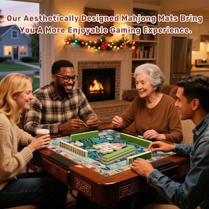 May include: A group of four people playing Mahjong around a wooden table. The table has a floral patterned mat with tiles and green racks. The text at the top says, "Our Aesthetically Designed Mahjong Mats Bring You A More Enjoyable Gaming Experience."