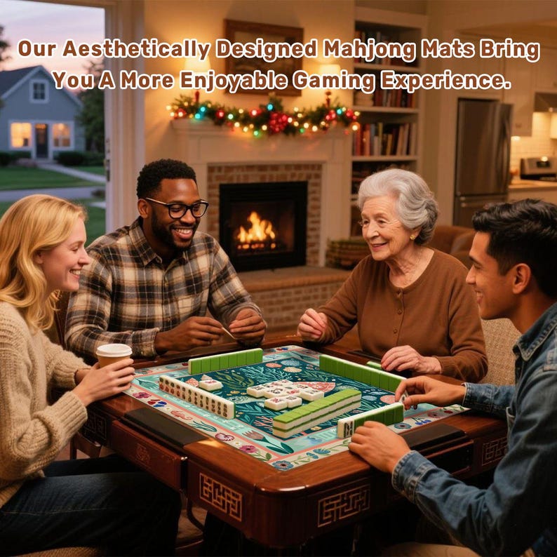 May include: A group of four people playing Mahjong around a wooden table. The table has a floral patterned mat with tiles and green racks. The text at the top says, "Our Aesthetically Designed Mahjong Mats Bring You A More Enjoyable Gaming Experience."