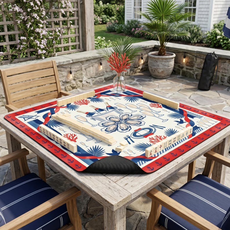 May include: A wooden table with a nautical-themed Mahjong game in play. The game mat features a red, white, and blue design with anchors, coral, and champagne glasses. The table is surrounded by wooden chairs with blue and white striped cushions.