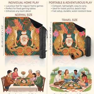 May include: Normal and travel-sized game mats with a cheetah and floral design. The normal size is 31.5" x 31.5", and the travel size is 20.8" x 20.8". The mats are shown in use at home and outdoors. Text on the mats reads "發".